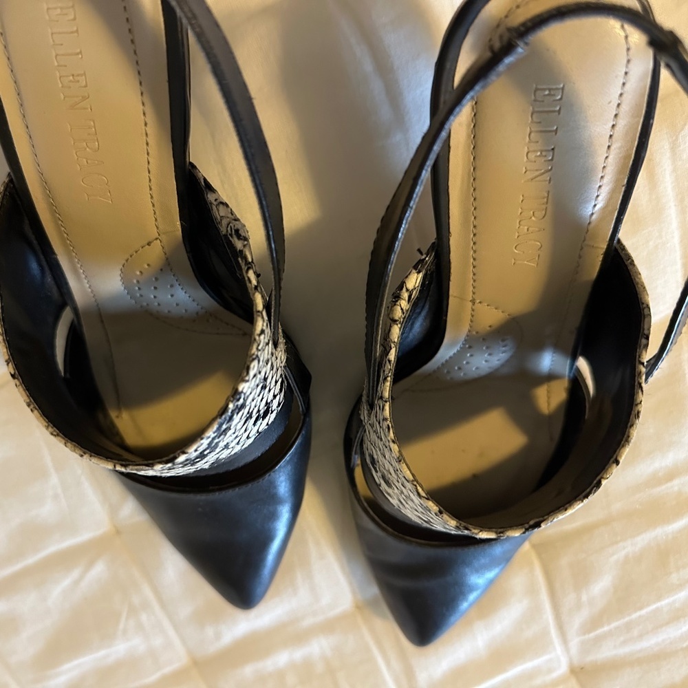 Ellen Tracy Black and Snake Print Bello Leather Sling Back Heels Cut Out Size 7 - Picture 9 of 16